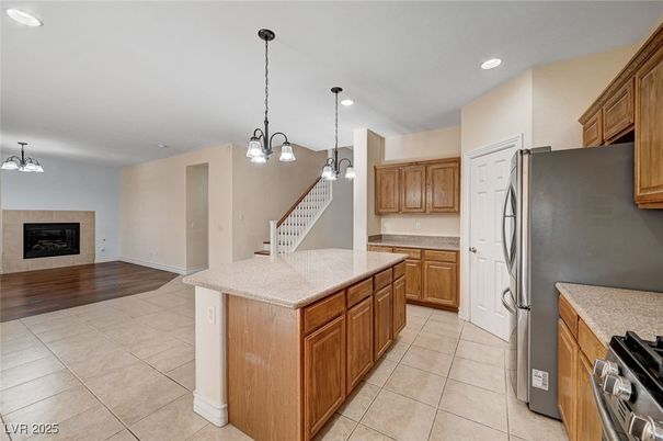 Fireplace, Interior, Kitchen, Pendant Lights, Recessed Lighting, Wood Texture Flooring