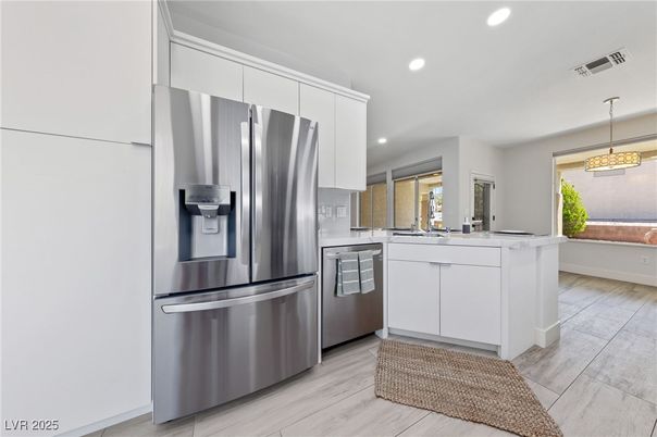 Interior, Kitchen, Pendant Lights, Recessed Lighting, Stainless Steel Appliances, Wood Texture Flooring
