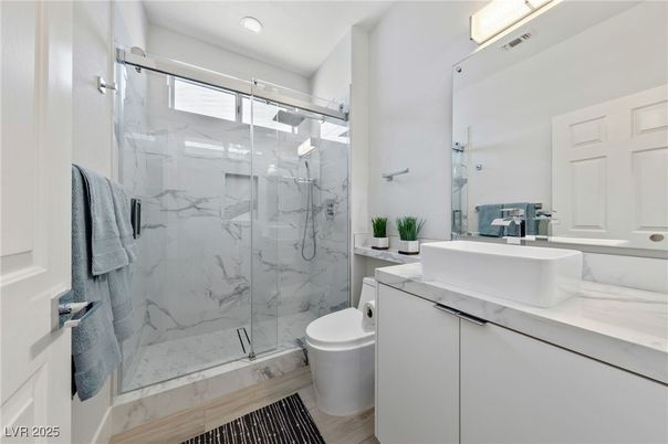 Bathroom, Glass Shower, Interior, Marble Walls, Recessed Lighting