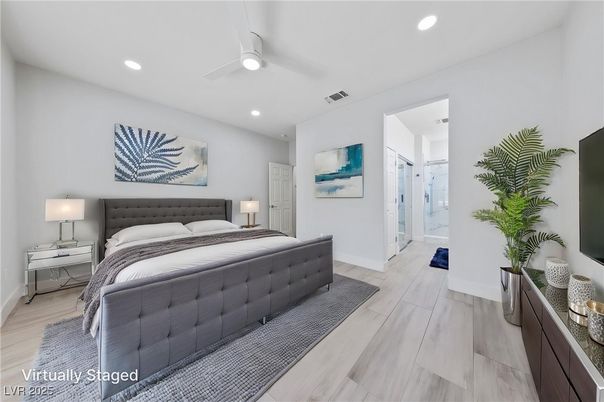 Bedroom, Interior, Recessed Lighting, Wood Texture Flooring