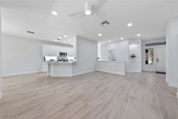 Empty room, Interior, Kitchen, Recessed Lighting, Wood Texture Flooring