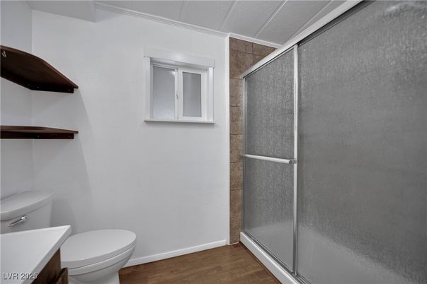 Bathroom, Glass Shower, Interior, Wood Texture Flooring