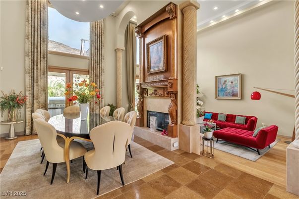 Dining room, Fireplace, Interior, Living room, Recessed Lighting, Wood Texture Flooring