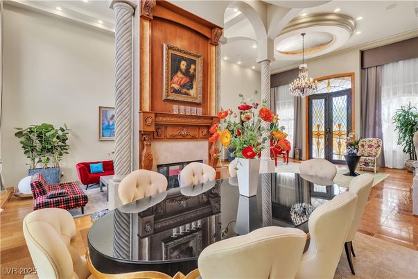 Chandelier, Dining room, Fireplace, Interior, Living room, Recessed Lighting, Wood Texture Flooring