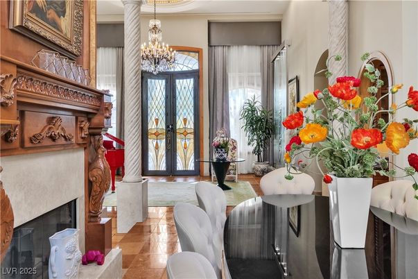 Chandelier, Fireplace, Interior