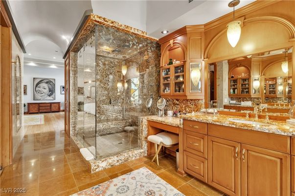 Bathroom, Dual Sink Vanities, Glass Shower, Interior, Pendant Lights, Recessed Lighting