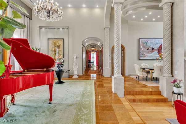 Chandelier, Dining room, Interior, Piano, Recessed Lighting