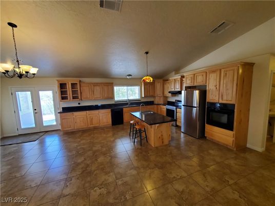 Chandelier, Interior, Kitchen, Pendant Lights, Stainless Steel Appliances