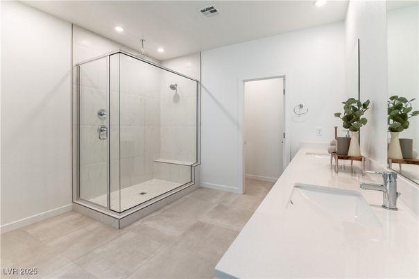 Bathroom, Dual Sink Vanities, Glass Shower, Interior, Recessed Lighting