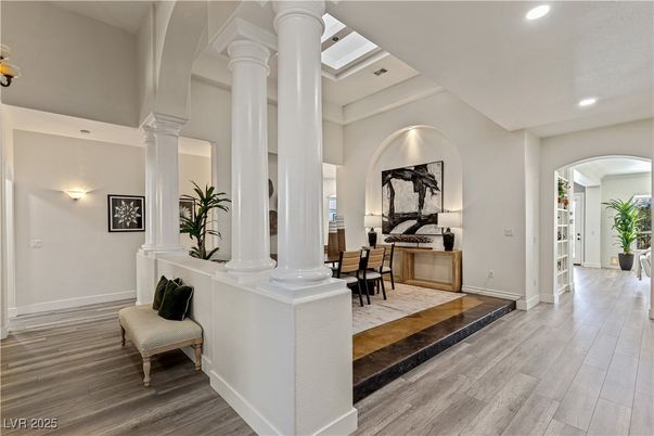 Dining room, Interior, Recessed Lighting, Wood Texture Flooring