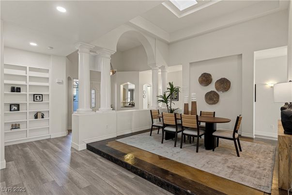 Dining room, Interior, Recessed Lighting, Wood Texture Flooring