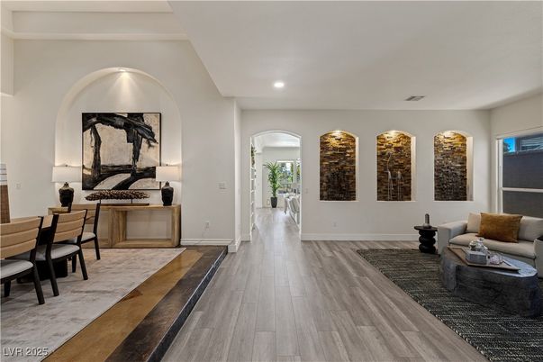 Dining room, Interior, Recessed Lighting, Wood Texture Flooring