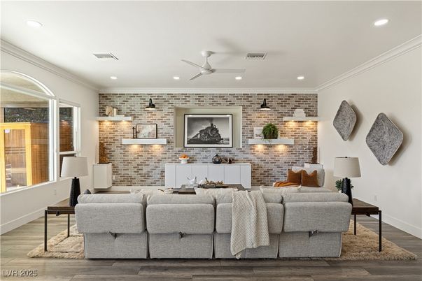 Interior, Living room, Recessed Lighting, Stone Walls, Wood Texture Flooring