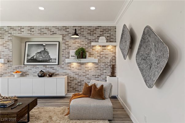 Interior, Recessed Lighting, Stone Walls, Wood Texture Flooring