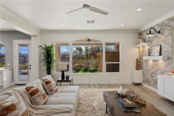 Interior, Living room, Recessed Lighting, Stone Walls, Wood Texture Flooring