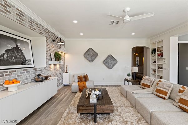 Interior, Living room, Recessed Lighting, Stone Walls, Wood Texture Flooring