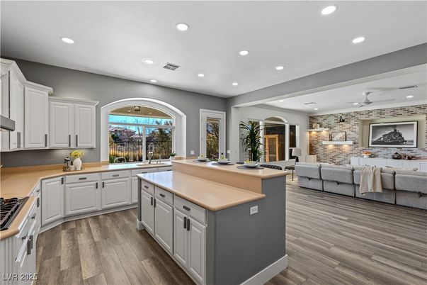 Interior, Kitchen, Living room, Recessed Lighting, Stone Walls, Wood Texture Flooring