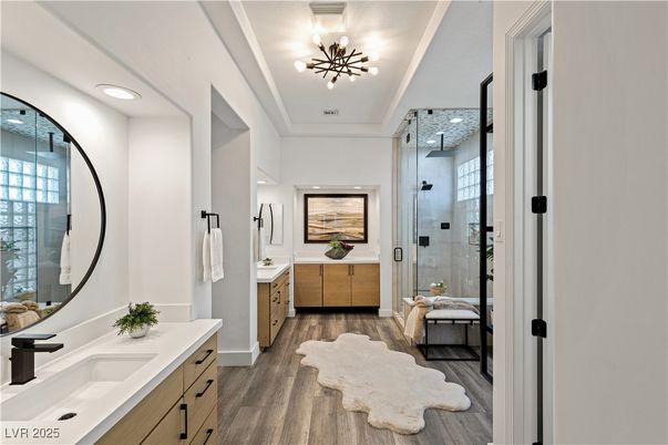 Bathroom, Dual Sink Vanities, Glass Shower, Interior, Recessed Lighting, Wood Texture Flooring