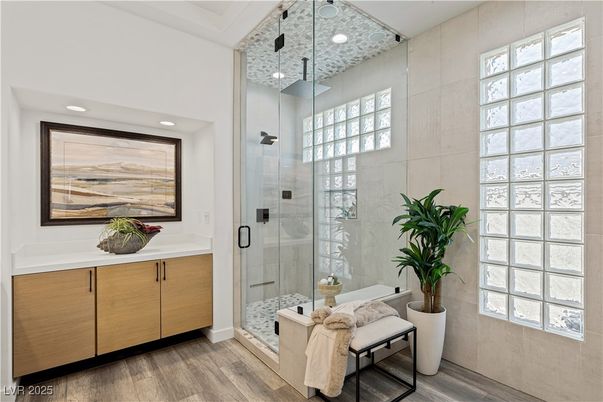 Bathroom, Glass Shower, Interior, Recessed Lighting, Wood Texture Flooring