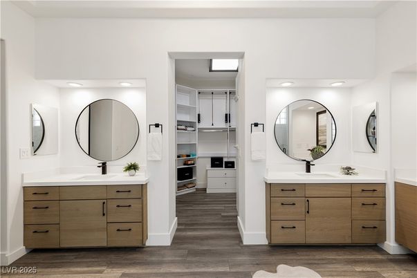 Bathroom, Dual Sink Vanities, Interior, Recessed Lighting, Wood Texture Flooring