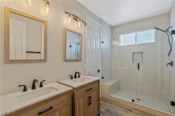 Bathroom, Dual Sink Vanities, Glass Shower, Interior, Wood Texture Flooring