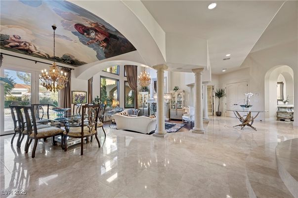 Chandelier, Dining room, Fireplace, Interior, Living room, Recessed Lighting