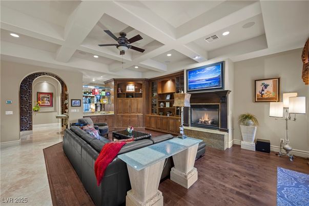 Fireplace, Interior, Living room, Recessed Lighting, Wood Texture Flooring