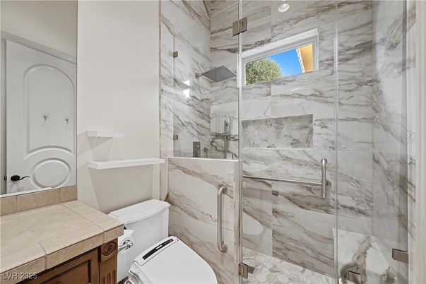 Bathroom, Glass Shower, Interior, Marble Walls, Tile Countertops