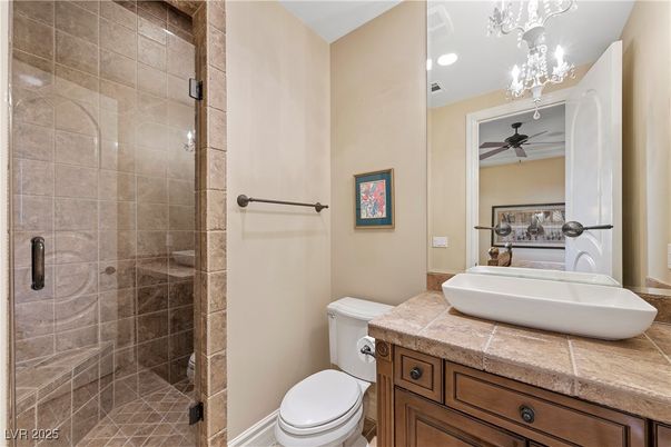 Bathroom, Glass Shower, Interior, Recessed Lighting, Tile Countertops