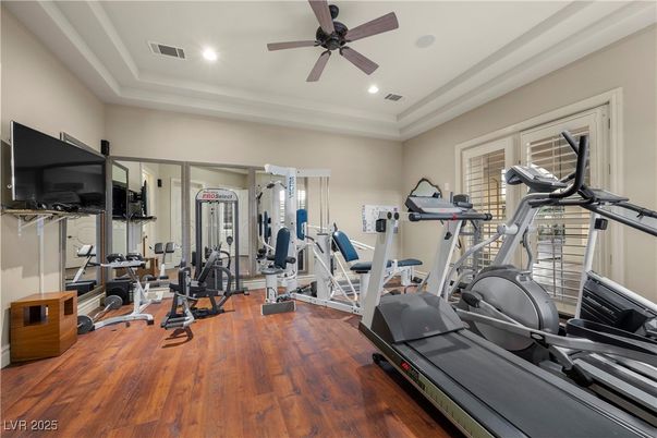 Fitness Equipment, Gym, Interior, Recessed Lighting, Wood Texture Flooring