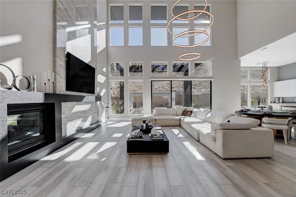 Dining room, Fireplace, Interior, Living room, Pendant Lights, Wood Texture Flooring