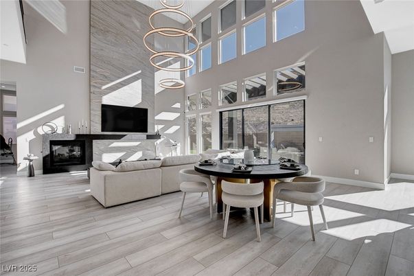 Dining room, Fireplace, Interior, Living room, Pendant Lights, Wood Texture Flooring