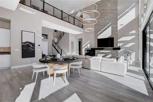 Dining room, Interior, Living room, Pendant Lights, Wood Texture Flooring