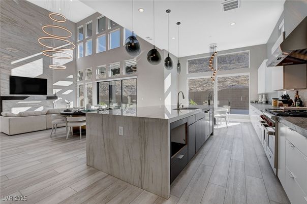 Dining room, Interior, Kitchen, Living room, Pendant Lights, Recessed Lighting, Wood Texture Flooring
