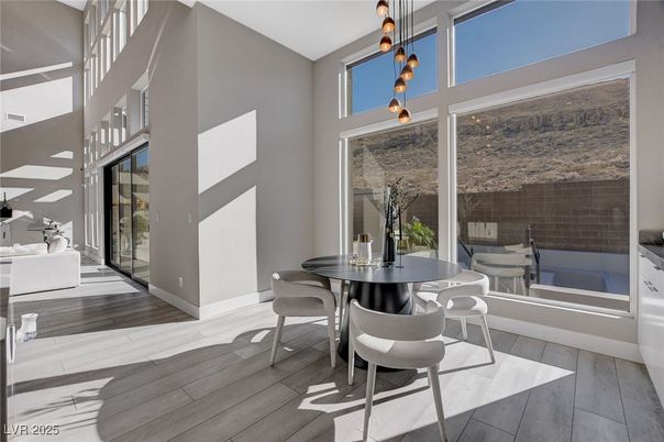 Dining room, Interior, Pendant Lights, Wood Texture Flooring
