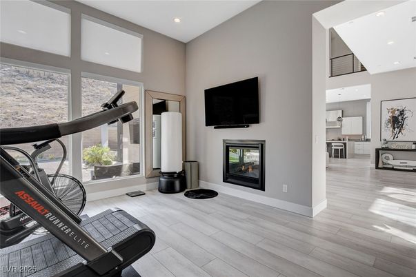 Fireplace, Fitness Equipment, Interior, Recessed Lighting, Wood Texture Flooring