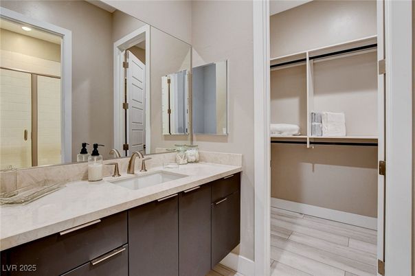 Bathroom, Dual Sink Vanities, Interior, Recessed Lighting, Wood Texture Flooring