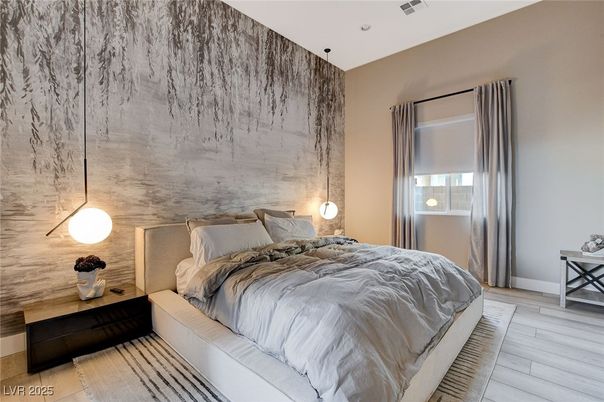 Bedroom, Interior, Pendant Lights, Wood Texture Flooring