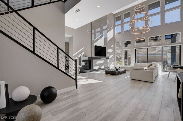 Fireplace, Interior, Living room, Pendant Lights, Recessed Lighting, Wood Texture Flooring