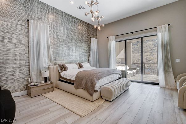 Bedroom, Interior, Pendant Lights, Wood Texture Flooring
