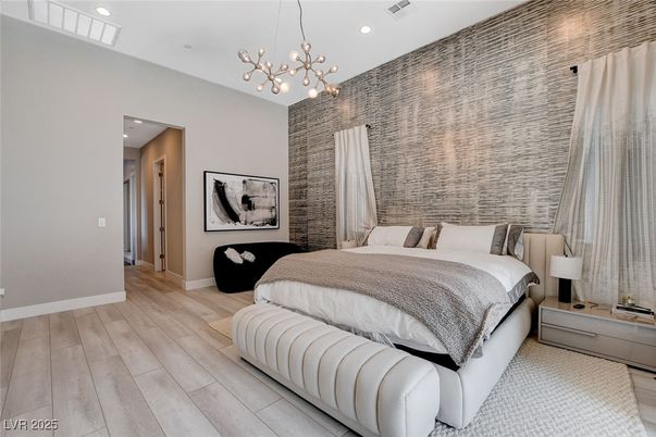Bedroom, Interior, Pendant Lights, Recessed Lighting, Wood Texture Flooring