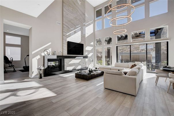Fireplace, Fitness Equipment, Interior, Living room, Pendant Lights, Wood Texture Flooring