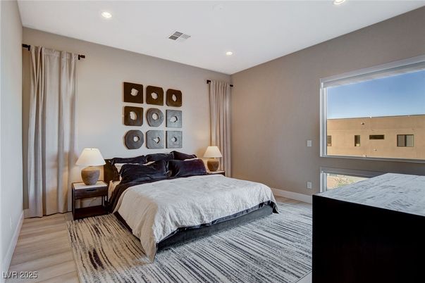 Bedroom, Interior, Recessed Lighting, Wood Texture Flooring