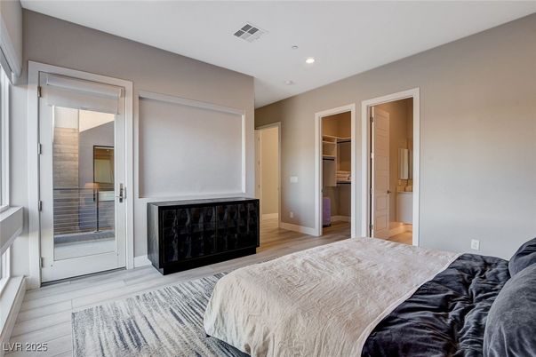Bedroom, Fireplace, Interior, Recessed Lighting, Wood Texture Flooring