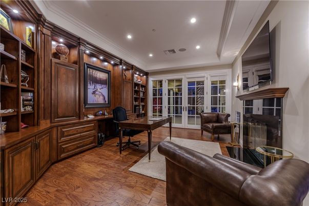 Fireplace, Home Office, Interior, Recessed Lighting, Wood Texture Flooring