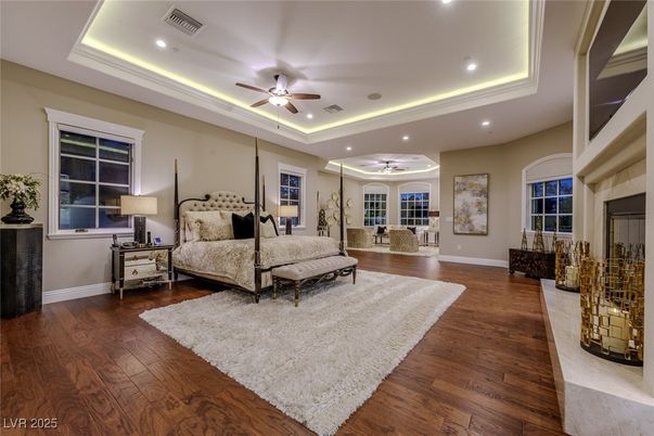 Bedroom, Fireplace, Interior, Recessed Lighting, Wood Texture Flooring