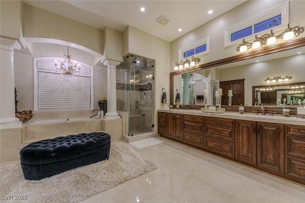 Bathroom, Chandelier, Dual Sink Vanities, Glass Shower, Interior, Recessed Lighting