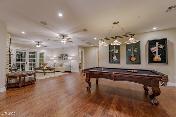 Billiard Table, Game Room, Interior, Living room, Recessed Lighting, Wood Texture Flooring