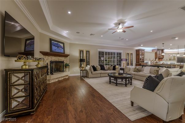 Fireplace, Interior, Kitchen, Living room, Pendant Lights, Recessed Lighting, Wood Texture Flooring