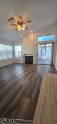 Empty room, Fireplace, Interior, Recessed Lighting, Wood Texture Flooring